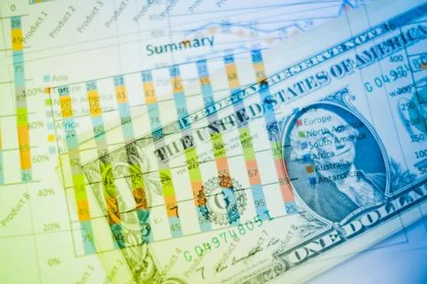 Double exposure of graph and dollars banknotes Stock Photos