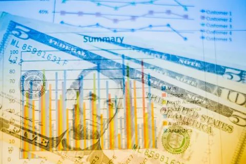 Double exposure of graph and dollars banknotes Stock-Fotos
