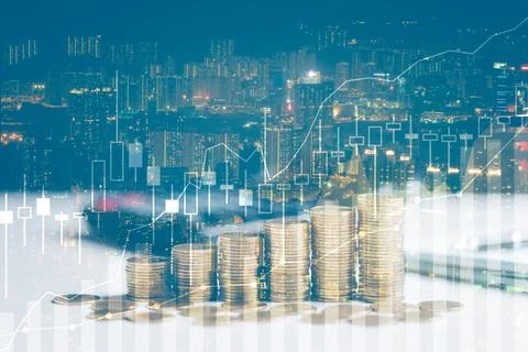 Double exposure of graph and rows of coins for finance and business concept.. Stock Illustration