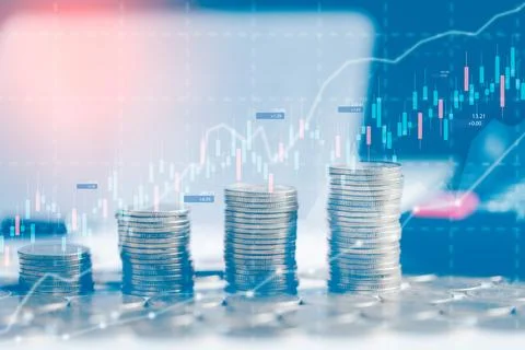 Double exposure of graph and rows of coins for finance and business concept.. Stock Illustration