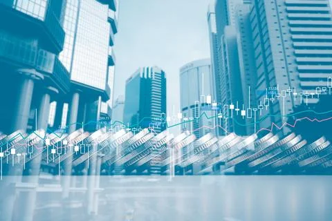 Double exposure of graph and rows of coins for finance and business concept.. Stock Photos