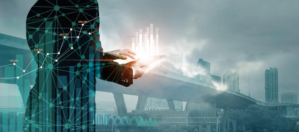 Double exposure of graph chart and network connection on businessman Fotos Stock