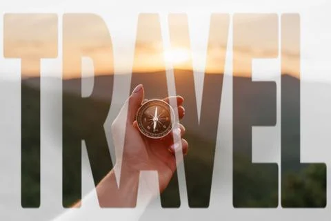 Double exposure of hand with compass in mountains at sunrise combined with wo Stock Photos