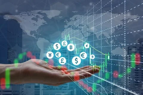 Double exposure of hand holding interface of Fintech and stock market or fina 스톡 사진