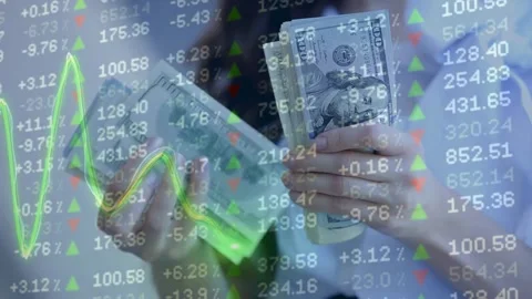 Double Exposure of Hands Counting US Dollar Bills and Stock Market Chart Видео 336011807