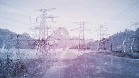 Double exposure high voltage pole and road. Stock-Fotos