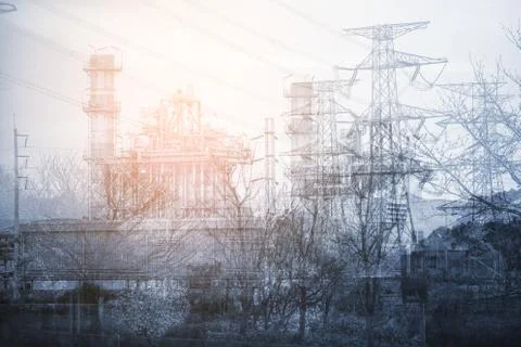 Double exposure High voltage power pole Stock Photos