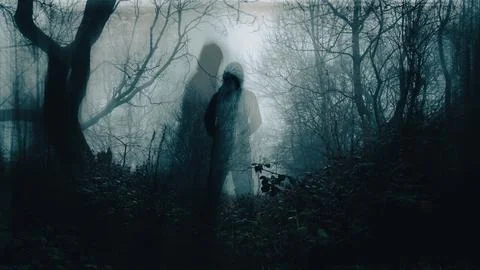 A double exposure horror concept. A ghost like hooded figure Stock Photos
