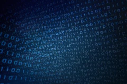 Double exposure image of blue binary code data moving all direction downward 写真素材