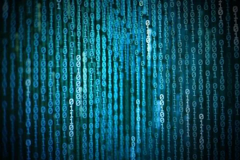 Double exposure image of blue binary code data moving vertical direction down Foto stock