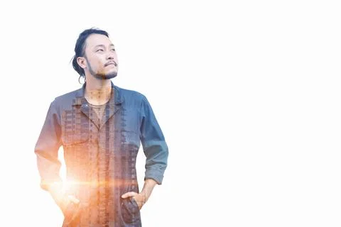 Double Exposure Image of Construction Engineer and Building Under Constructin Fotos de archivo