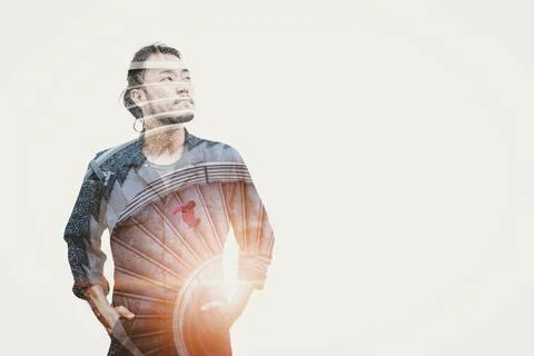 Double Exposure Image of Construction Engineer and Architecture Spiral Stairc Stock Photos