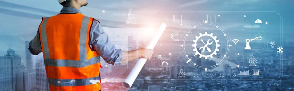 Double exposure image of construction engineer, architect or holding blueprint Foto stock