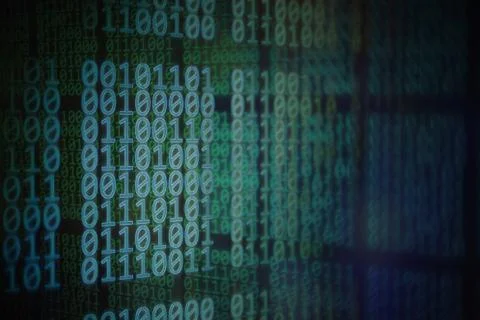 Double exposure image of display showing blocks of red binary code language o 写真素材