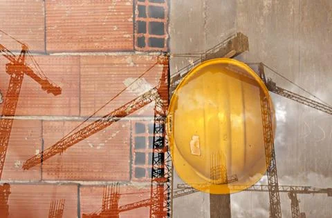 Double exposure image of tower cranes and working construction site 스톡 사진