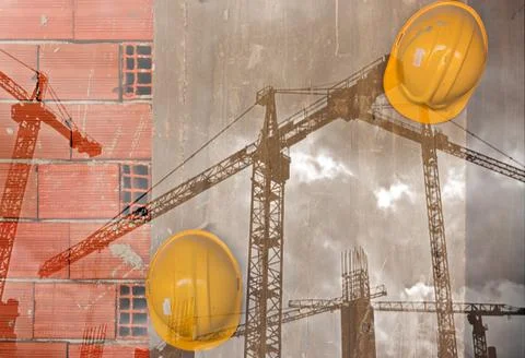 Double exposure image of tower cranes and working construction site 스톡 사진