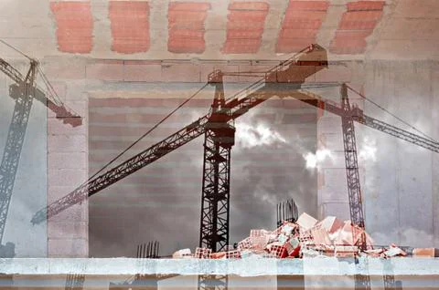 Double exposure image of tower cranes and working construction site Stock Photos
