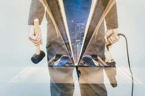 Double Exposure Images of Construction Worker Holding Constructing Equipment  Stock Photos