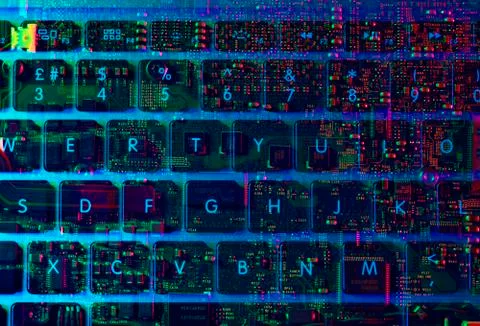 Double exposure of the inside and out of a laptop computer showing the Stock Photos