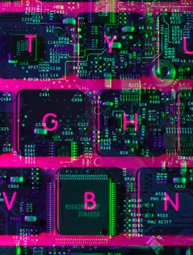 Double exposure of the inside and out of a laptop computer showing the Stock Photos