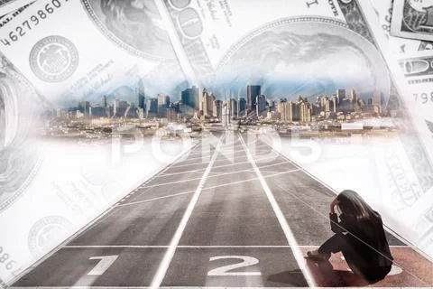 Double exposure of loser businesswoman who sitting on number 3 at start line Stock Photos