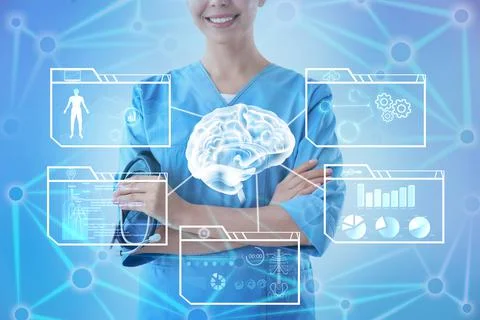Double exposure of machine learning model and doctor, closeup Stock Photos
