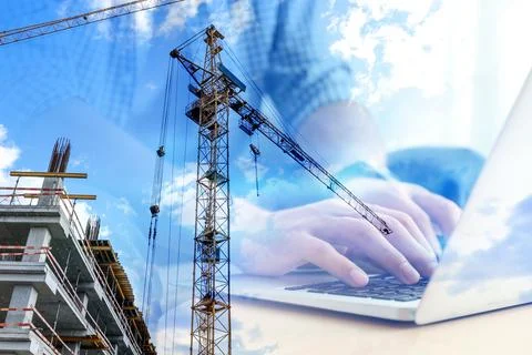 Double exposure of male programmer using laptop and construction site, closeu 스톡 사진
