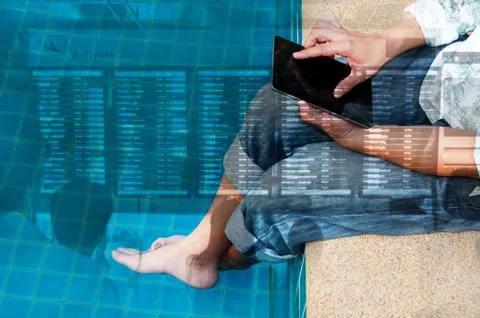 Double Exposure of Man Use Wireless Digital Tablet to Check the Flight Schedu Stock Photos