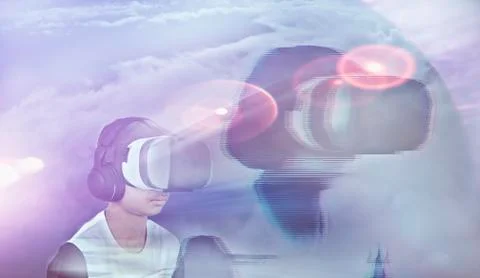 Double exposure of Mixed Race boy wearing virtual reality goggles Stock Illustration