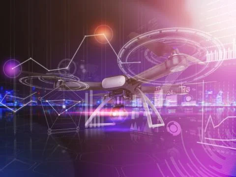 Double Exposure, Modern Remote Control Air Drone Flying with action camera. o Stock Illustration