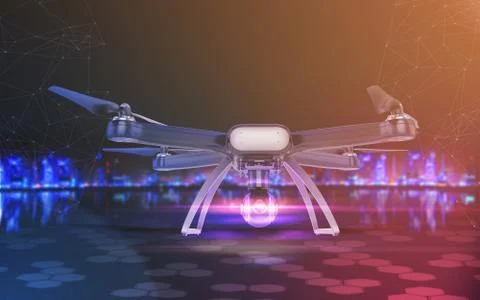 Double Exposure, Modern Remote Control Air Drone Flying with action camera. o Stock Illustration