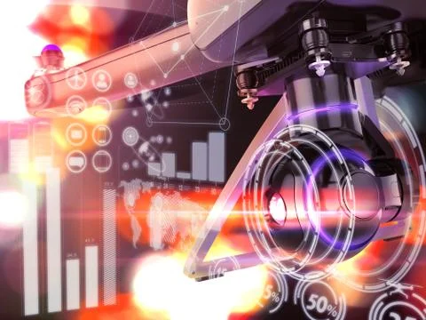 Double Exposure, Modern Remote Control Air Drone Flying with action camera. o Stock Illustration