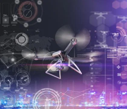Double Exposure, Modern Remote Control Air Drone Flying with action camera. o Stock Illustration
