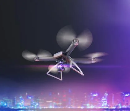 Double Exposure, Modern Remote Control Air Drone Flying with action camera. o Stock Illustration