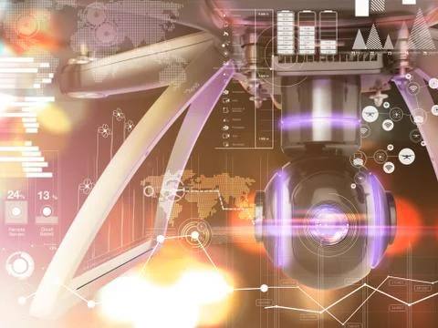 Double Exposure, Modern Remote Control Air Drone Flying with action camera. o Stock Illustration