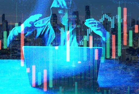 Double exposure with no face hacker with laptop and financial chart. Foto stock