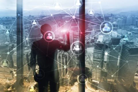 Double exposure people network structure HR - Human resources management and  Stock-Illustration