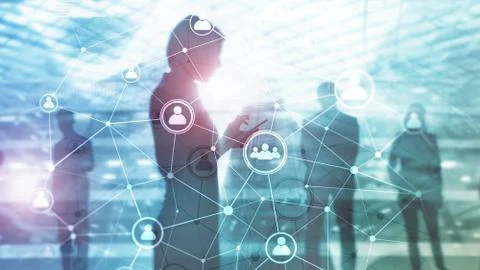 Double exposure people network structure HR - Human resources management and  Illustrazione stock
