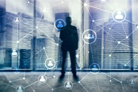 Double exposure people network structure HR - Human resources management and Illustrazione stock
