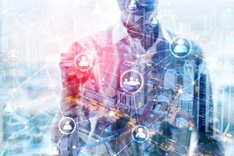 Double exposure people network structure HR - Human resources management and  Stock Photos