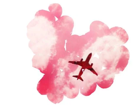 Double exposure: plane in the sky with clouds and pink petals in form of heart Stock Photos