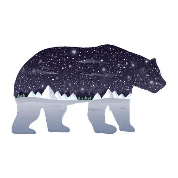 Double exposure polar bear and winter night Stock Illustration