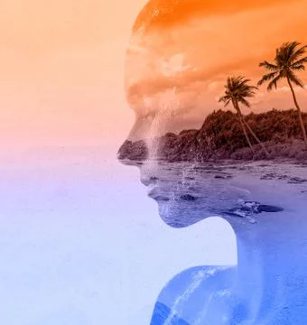 Double exposure portrait of beautiful woman and sea sunset Stock Photos