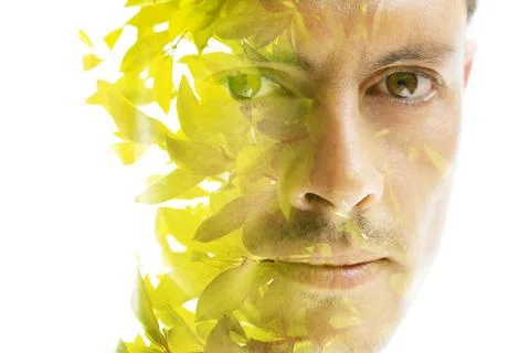 Double exposure portrait of a man looking into camera. Closeup Stock Illustration