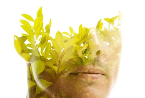 Double exposure portrait of a man's face disappearing into white background Stock Illustration