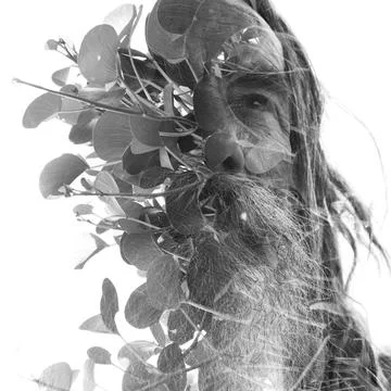 A double exposure portrait of an old man combined with a photo of foliage Stock Illustration