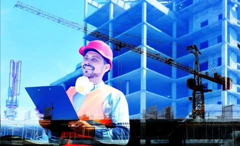 Double exposure of professional engineer in safety equipment and construction 스톡 사진