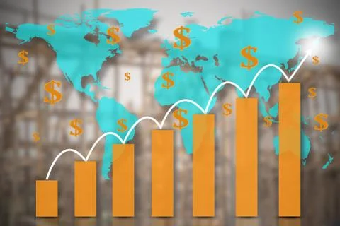 Double exposure with red world map with downward bar graph from business and  Stock Photos