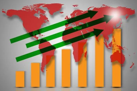 Double exposure with red world map with downward bar graph from business and  Stock Photos