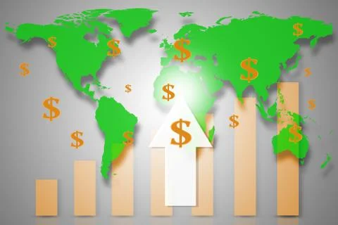 Double exposure with red world map with downward bar graph from business and  Stock Photos